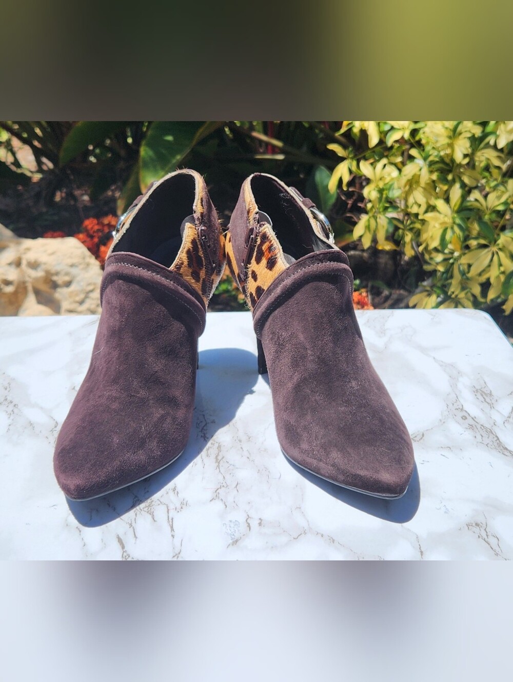 Brown Suede Women’s Ankle Booties with Leopard Accent By Antonio Melani